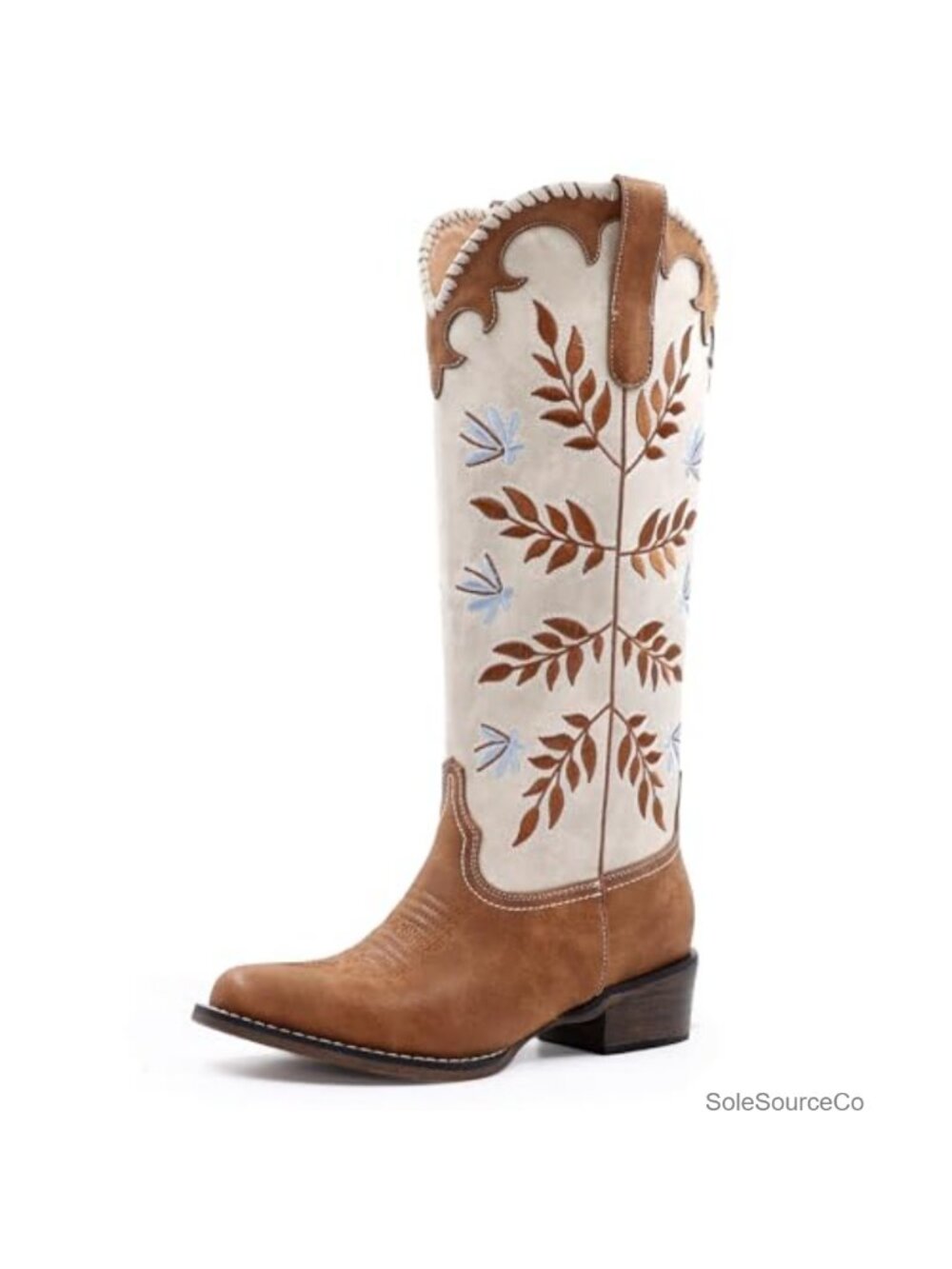 Womens Cowboy Boots Leaf Embroidered Pull on Knee High Round Toe Chunky Heel